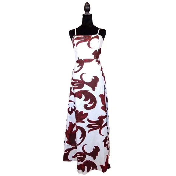 Cassee's Maxi Dress Women Lrg. (L) White Burgundy NWT Cotton Scroll Print BU8440 - Picture 2 of 12